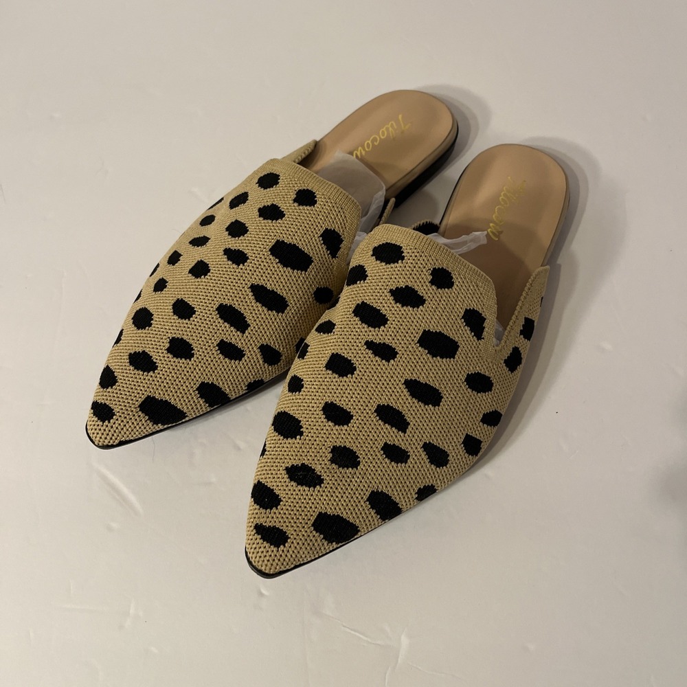 Tilocow Womens Knit Mules Flats Size 7 Cheetah Print Pointed Toe Slip On Tan